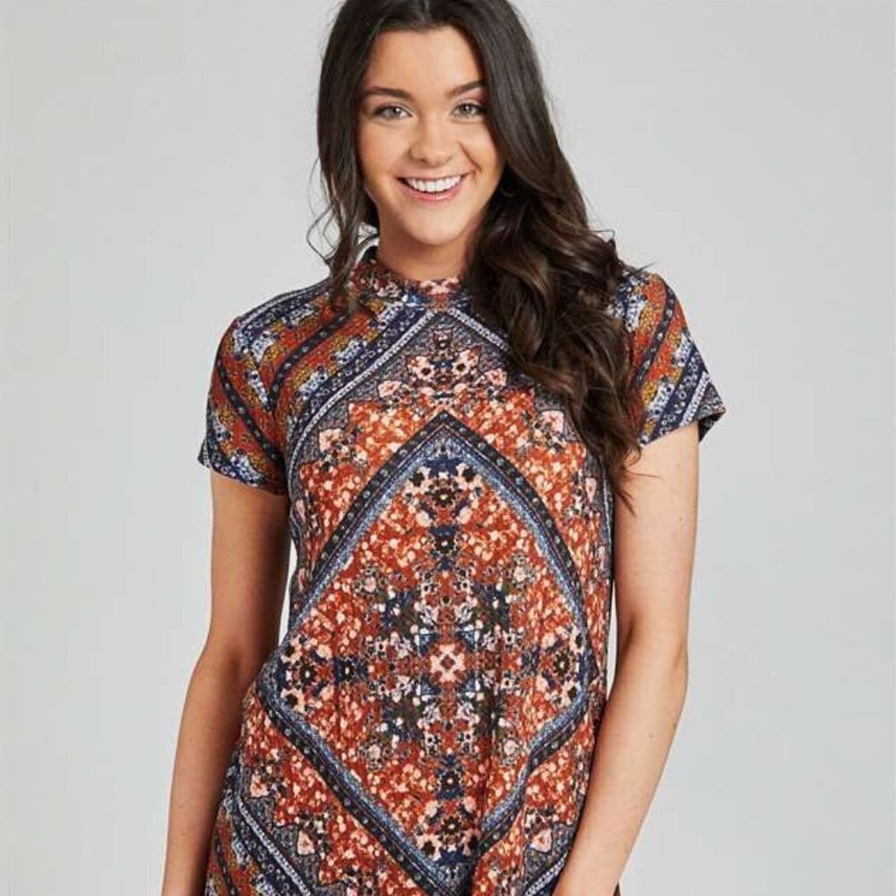 Altar'd State Orange and Blue Patterned Midi Dress